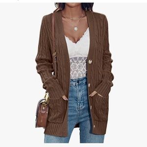 Women's Coffee size XL  Cable Knit Cardigan Sweater button down and pockets